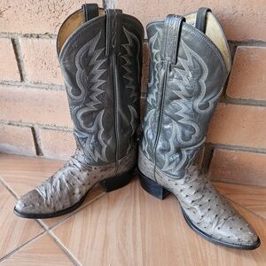 Tony Lama Gray Ostrich Western Boots with Embroidered Shaft